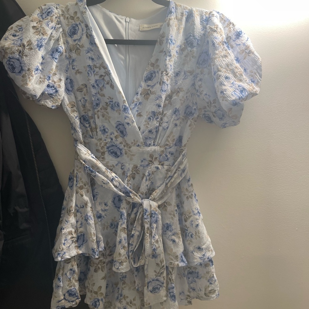 Altar'd State Powder Blue Floral Wrap romper  with Cream Accents